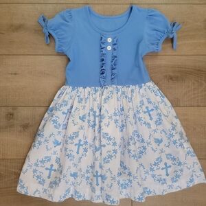 ​Eleanor Rose Blue Easter Dress Cross Dove Print Ruffle Boutique Cotton Size 7/8